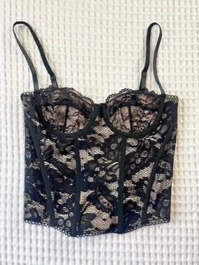 Black Lace Corset Bustier Crop Top XS Sheer Mesh Underwire Lingerie Style